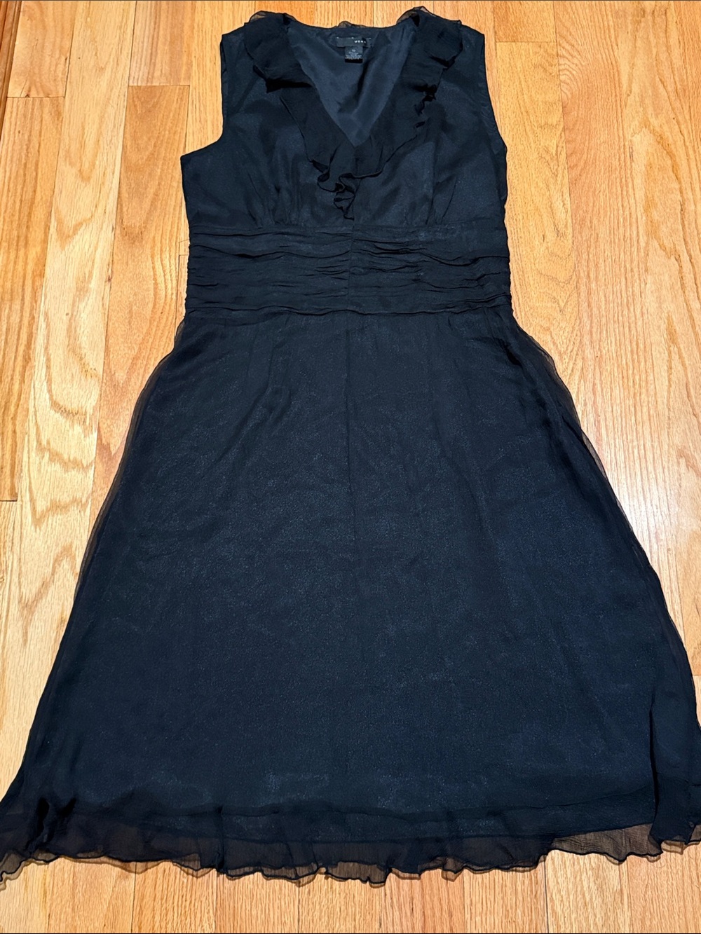 WD.NY Black Silk Ruffled V-Neck Midi Dress Cocktail Romantic Size 10